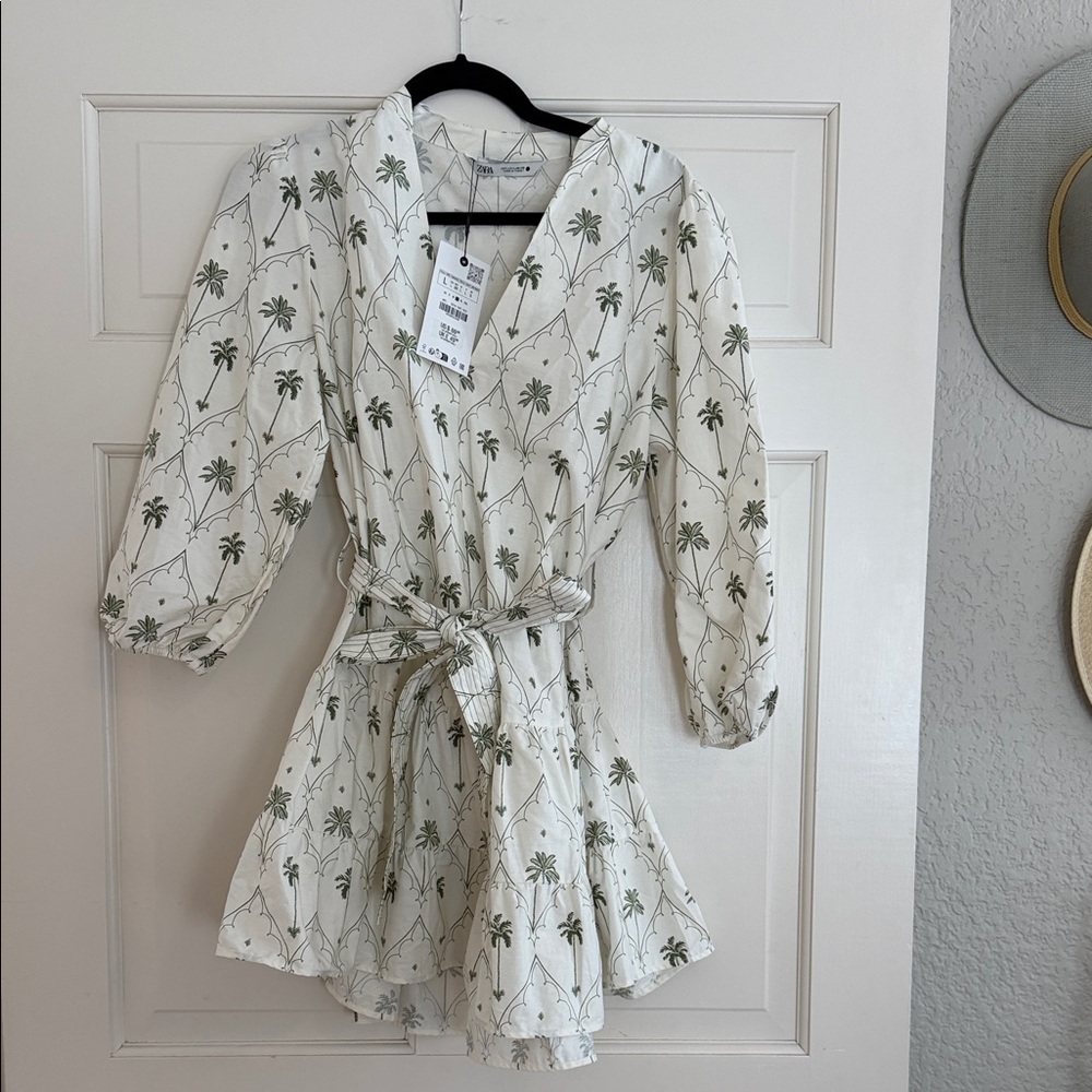 Zara Cream Dress with Green Palm Print